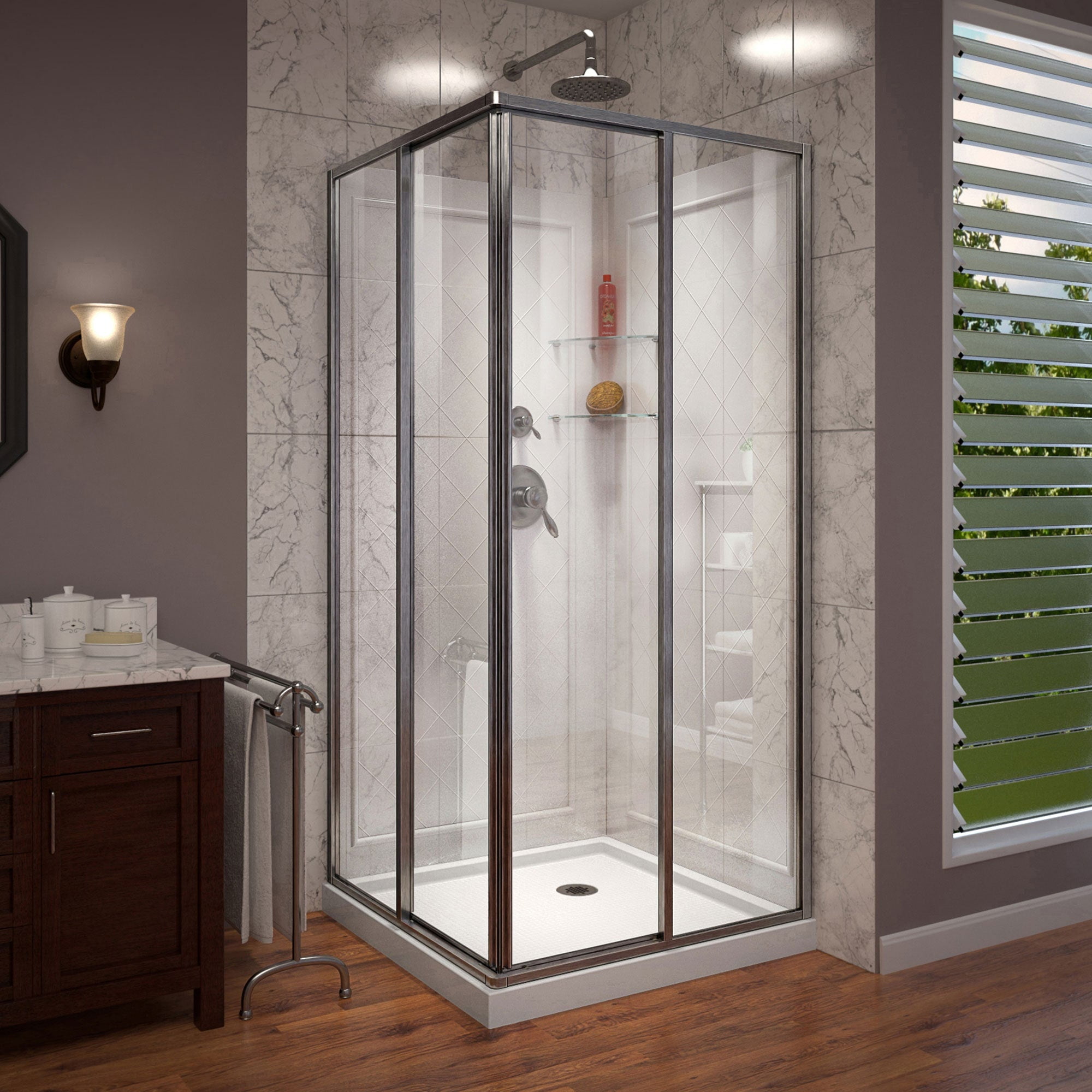 DL-6150-04 36 x 36 x 76.75 in. DreamLine Cornerview Framed Sliding Shower Enclosure in Brushed Nickel with White Acrylic Kit