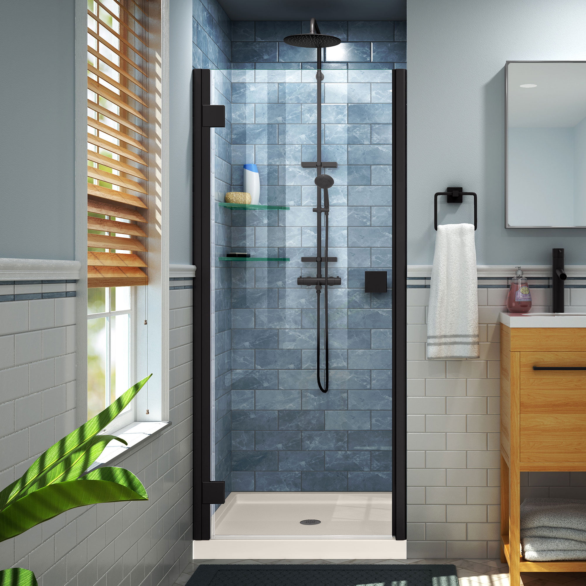 Picture of DreamLine Lumen DL-533442-22-09 74.75 x 42 x 34 in. Hinged Shower Door with Biscuit Acrylic Base Kit&#44; Satin Black