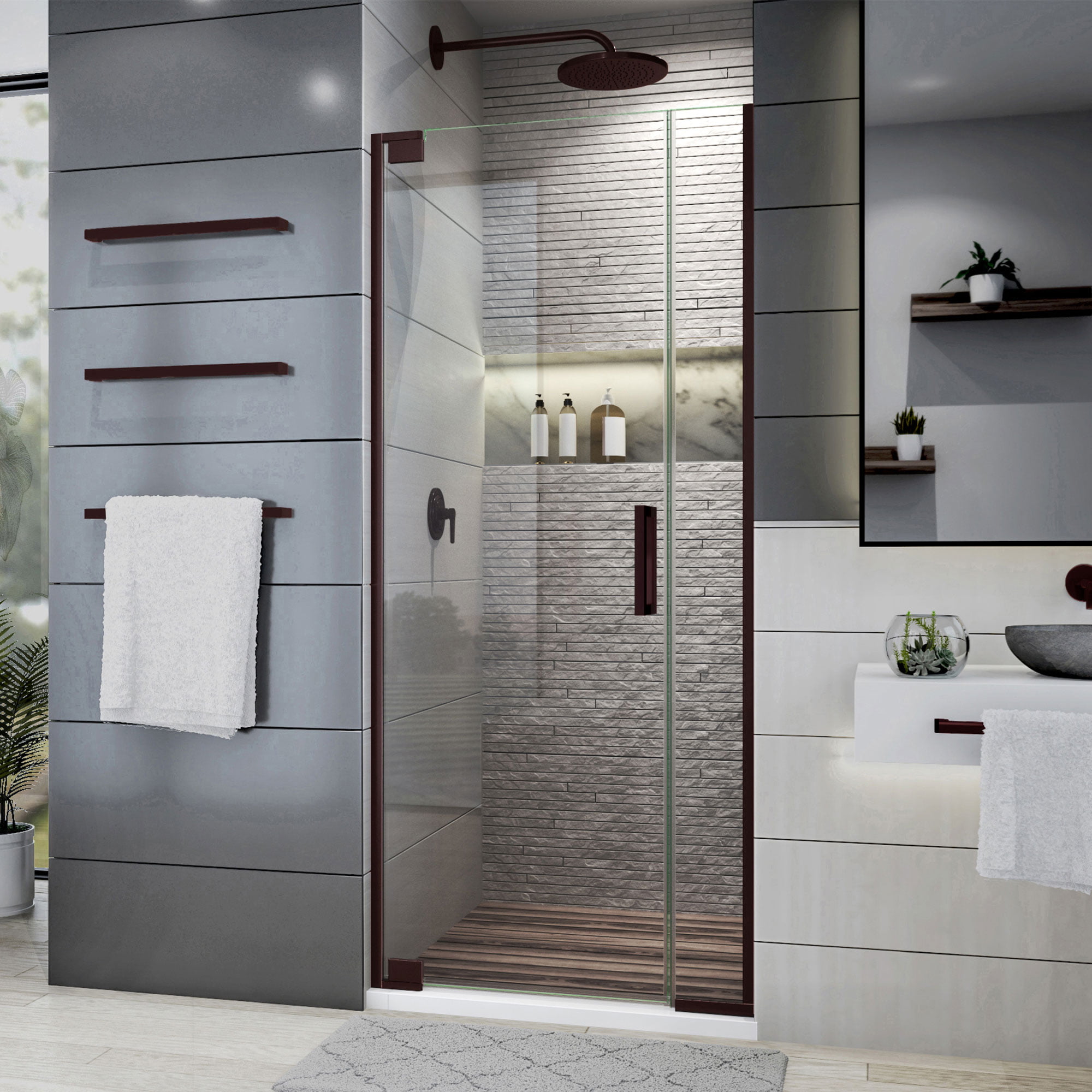 SHDR-443465-06 34-34.75 x 72 in. DreamLine Elegance Plus Frameless Pivot Shower Door in Oil Rubbed Bronze