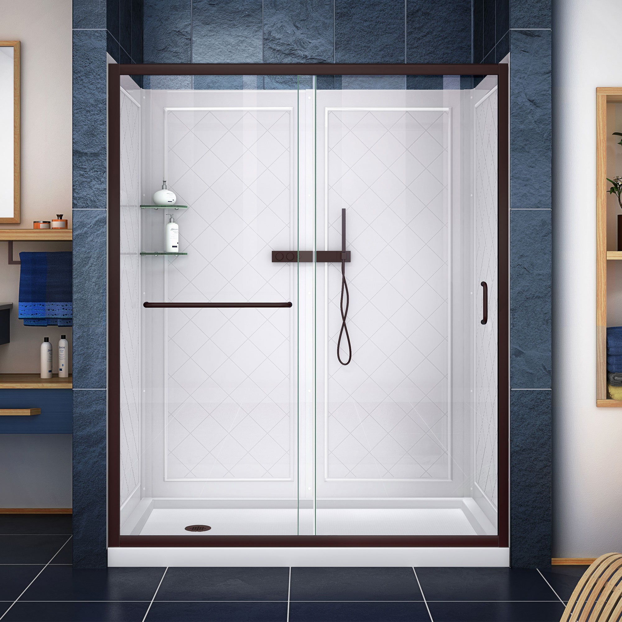 Picture of DreamLine Infinity-Z DL-6119-CLL-06 36 x 60 x 76.75 in. Clear Sliding Shower Door with Left Drain & Backwalls&#44; Oil Rubbed Bronze