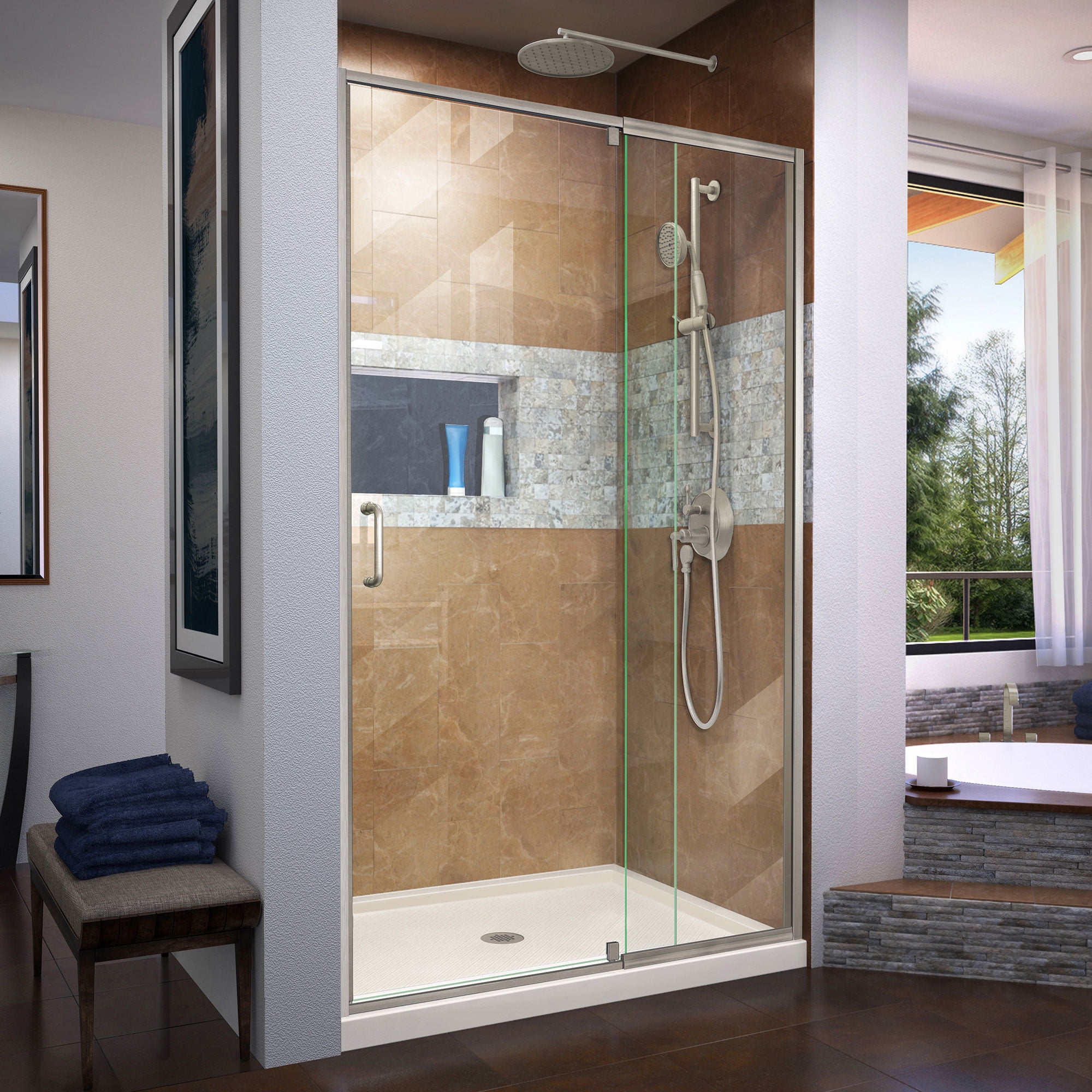 Picture of DreamLine Lumen DL-6220C-22-04 74.75 x 42 x 34 in. Semi-Frameless Shower Door with Center Drain Biscuit Base Kit&#44; Brushed Nickel