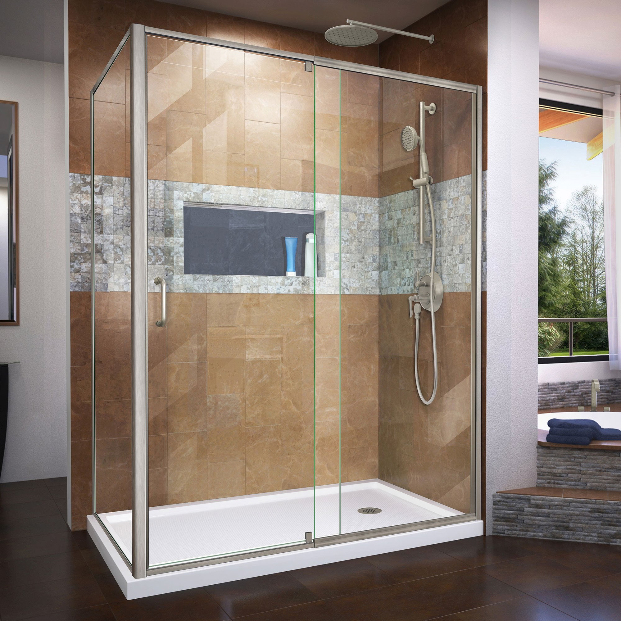 SHDR2234540RT04 34.5 x 50-54 x 72 in. DreamLine Flex Semi-Frameless Pivot Shower Enclosure in Brushed Nickel