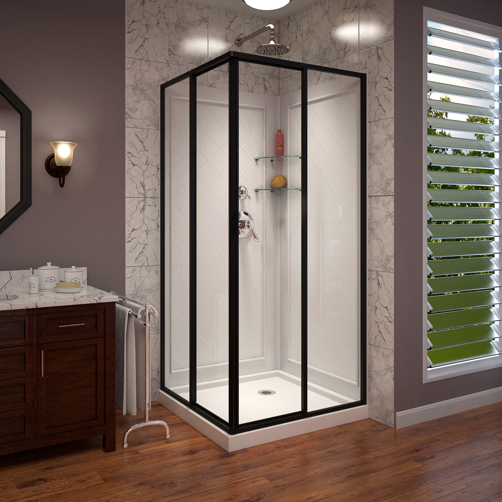 DL-6150-09 36 x 36 DreamLine Cornerview Framed Sliding Shower Enclosure, Shower Base & Acrylic Backwall Kit in Satin Black