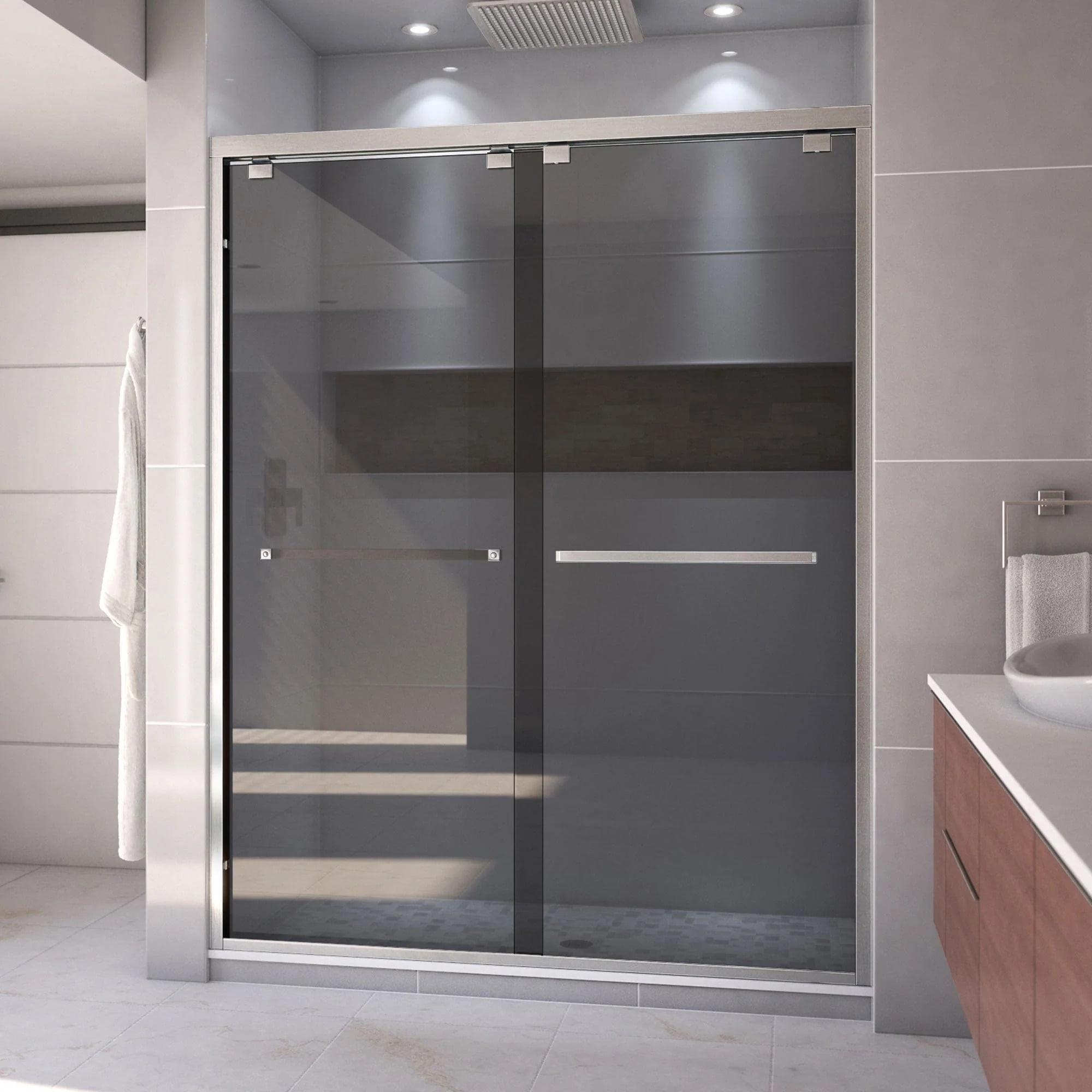 SHDR-166076G-04 56-60 x 76 in. DreamLine Encore Semi-Frameless Bypass Sliding Shower Door in Brushed Nickel & Gray Glass