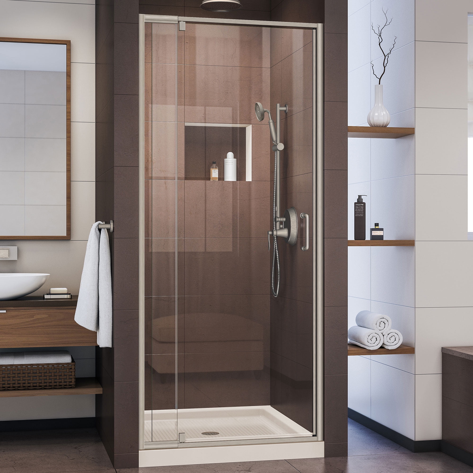 DL-6216C-22-04 36 x 36 x 74.75 in. DreamLine Flex Semi-Frameless Pivot Shower Door in Brushed Nickel & Center Drain Biscuit Base