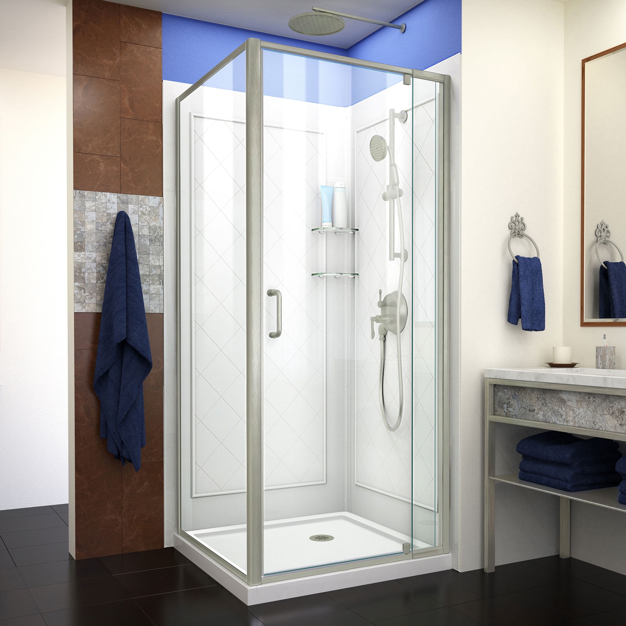 DL-6716-04CL 32 x 32 x 76.75 in. DreamLine Flex Semi-Frameless Shower Enclosure in Brushed Nickel with White Base & Backwalls