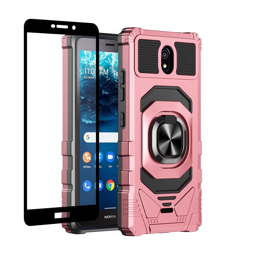 Picture of Dream Wireless TCANKC100-NOC-RG Nokia C100 Case Ring Car Mount Kickstand with Hybrid Hard PC Soft TPU Shockproof Protective Case - Rose Gold
