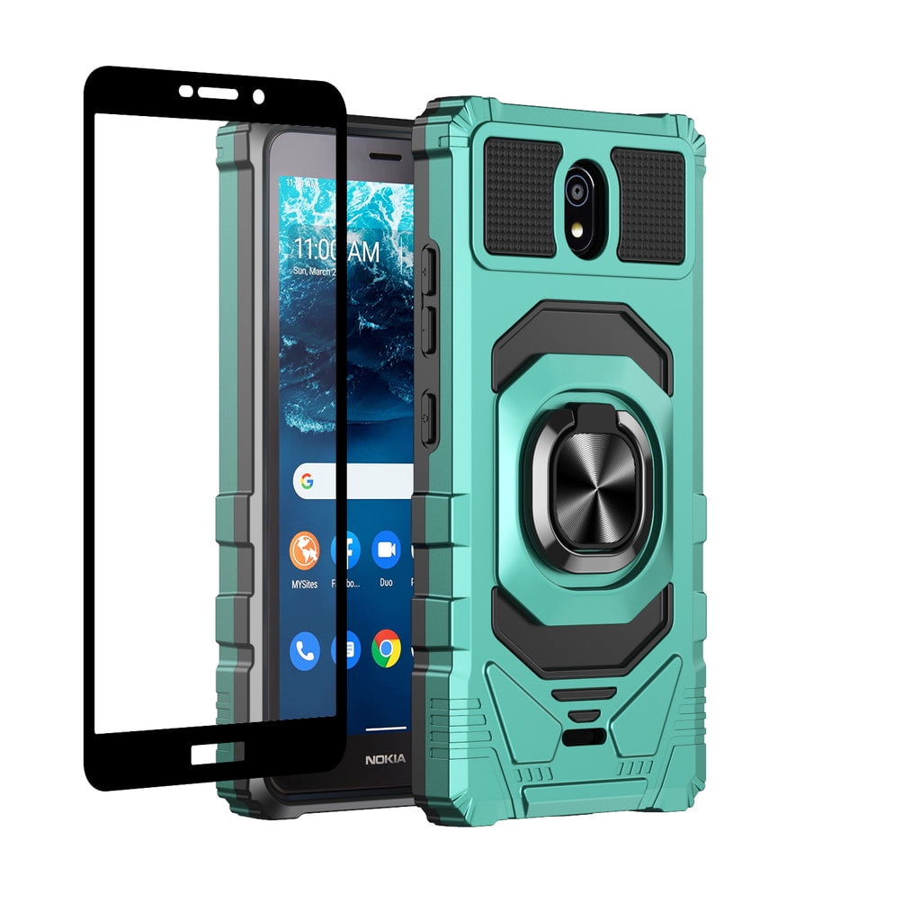 Picture of Dream Wireless TCANKC100-NOC-TL Nokia C100 Case Ring Car Mount Kickstand with Hybrid Hard PC Soft TPU Shockproof Protective Case - Teal & Green