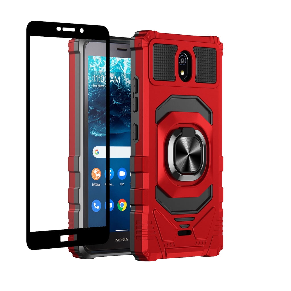 Picture of Dream Wireless TCANKC100-NOC-RD Nokia C100 Case Ring Car Mount Kickstand with Hybrid Hard PC Soft TPU Shockproof Protective Case - Red
