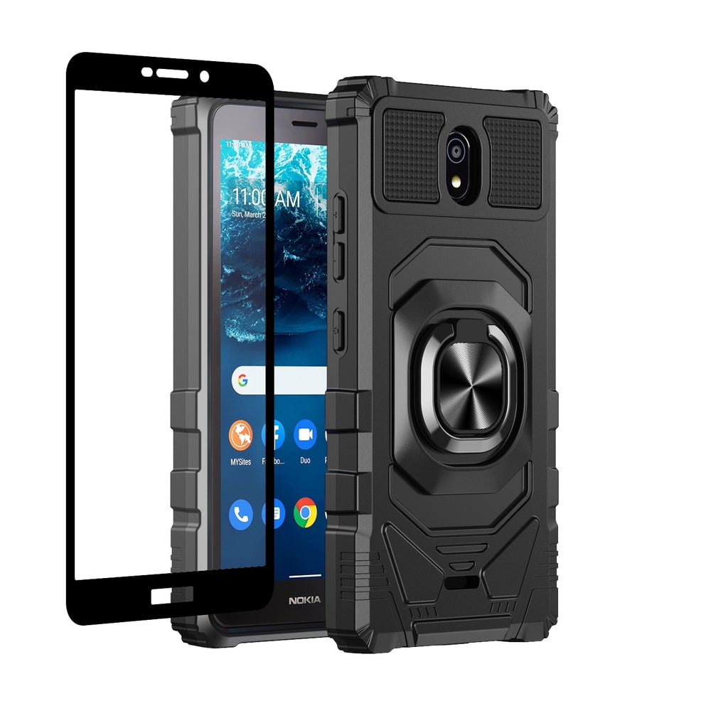Picture of Dream Wireless TCANKC100-NOC-BK Nokia C100 Case Ring Car Mount Kickstand with Hybrid Hard PC Soft TPU Shockproof Protective Case - Black
