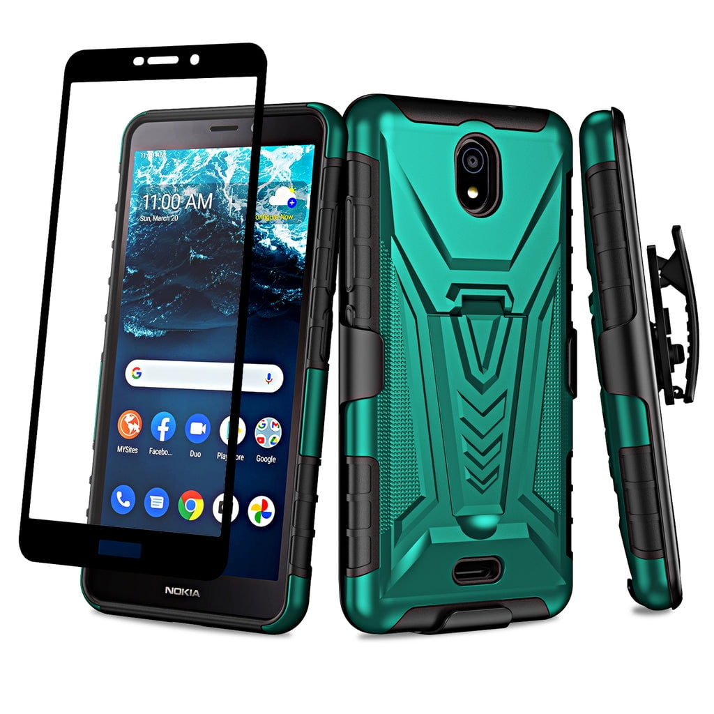 Picture of Dream Wireless HSCNKC100-NOC-TL Nokia C100 Case Ring Car Mount Kickstand with Hybrid Hard PC Soft TPU Shockproof Protective Case - Teal