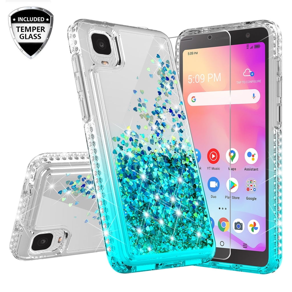 Picture of Dream Wireless WATF-TCLIONZ-NOC-TL Waterfall Floating TCL Ion Z-A3 Case Liquid Glitter Phone Case with Temper Glass - Teal & Green