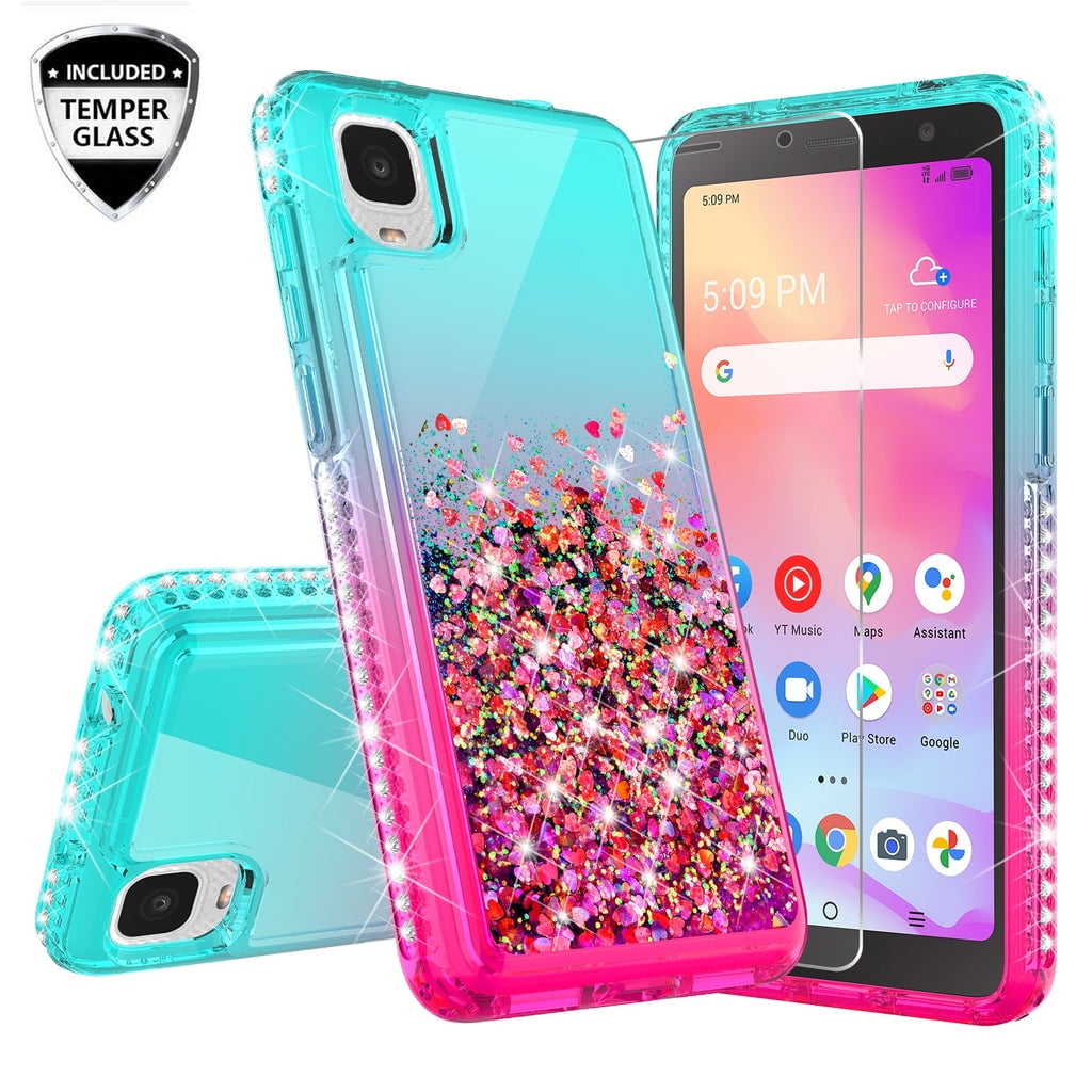 Picture of Dream Wireless WATF-TCLIONZ-NOC-PK Waterfall Floating TCL Ion Z-A3 Case Liquid Glitter Phone Case with Temper Glass - Teal & Pink Gradient