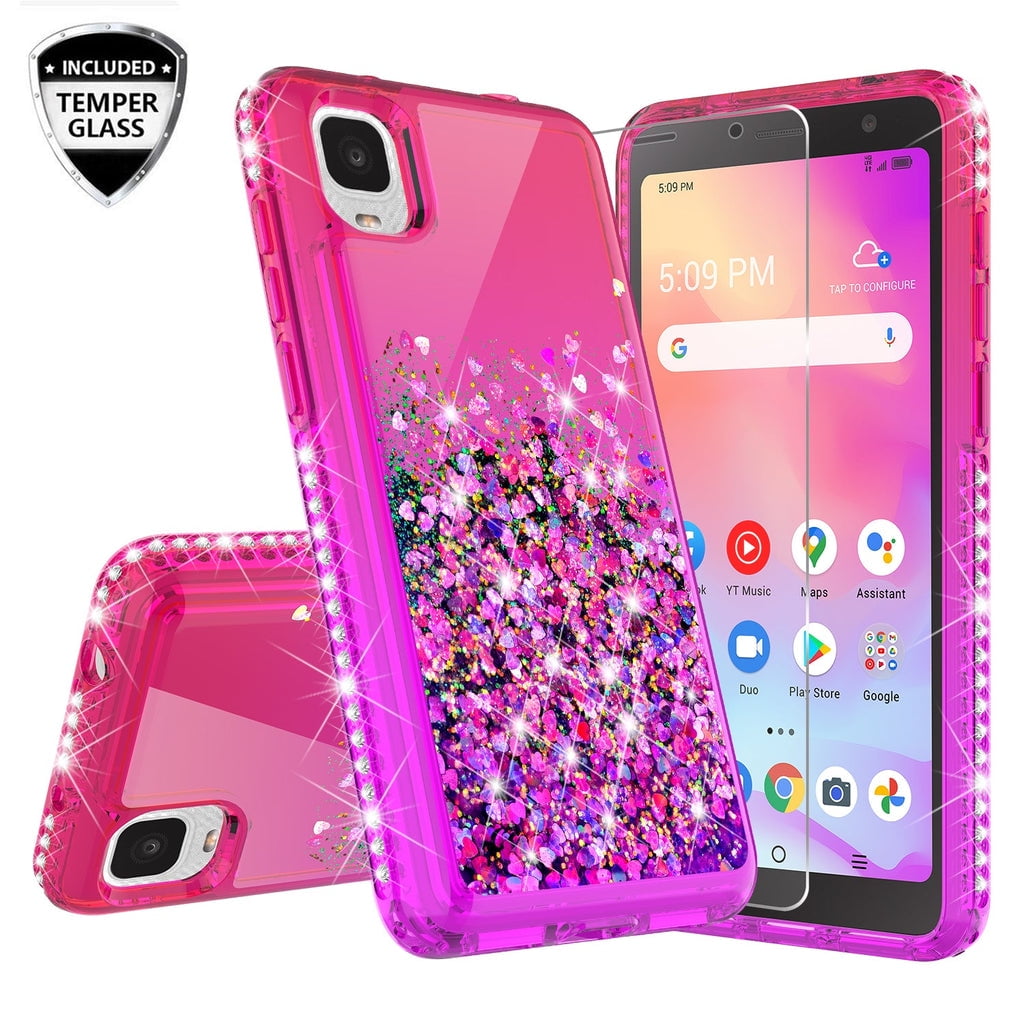 Picture of Dream Wireless WATF-TCLIONZ-NOC-HP Waterfall Floating TCL Ion Z-A3 Case Liquid Glitter Phone Case with Temper Glass - Hot Pink & Purple Gradient