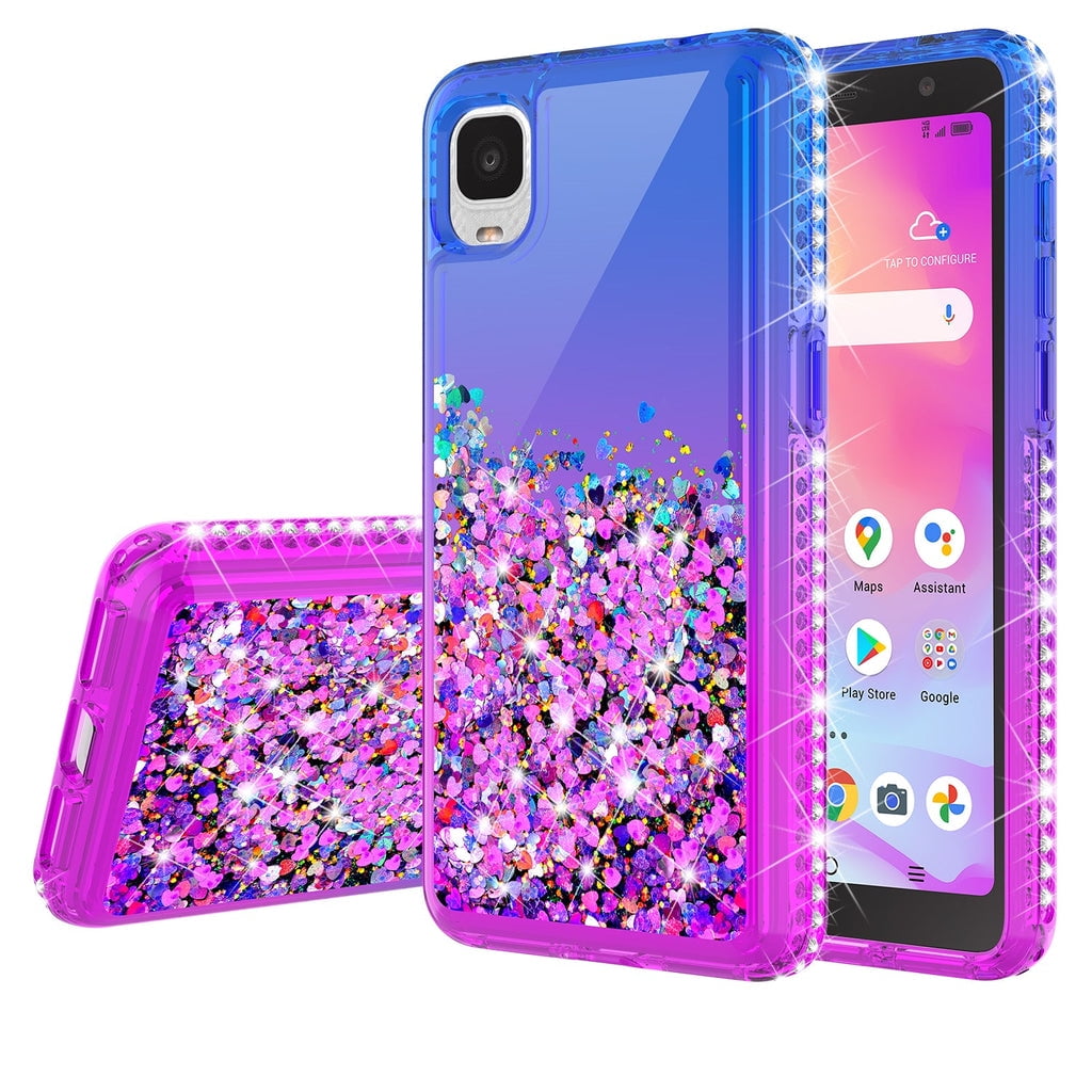 Picture of Dream Wireless WATF-TCLIONZ-NOC-PP Waterfall Floating TCL Ion Z-A3 Case Liquid Glitter Phone Case with Temper Glass - Blue & Purple Gradient