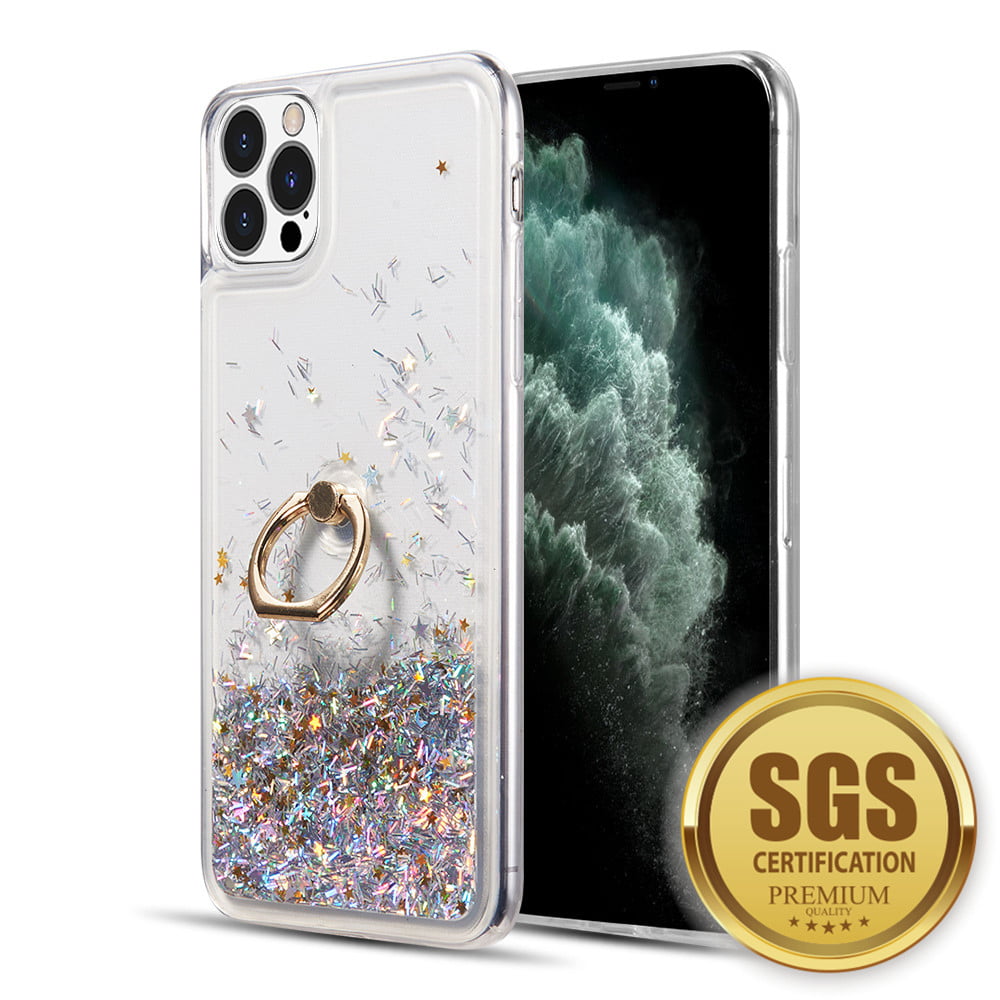 CSIP14PM-WFR-GR 6.7 in. Waterfall Ring Liquid Sparkling Flowing Sand TPU Case for iPhone 14 Pro Max - Silver & Green -  Dream Wireless