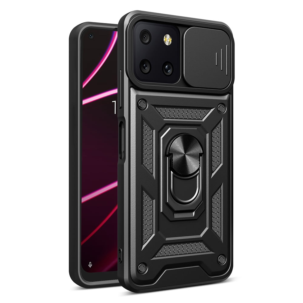 Picture of Dream Wireless TCAREV6-0044-BK Rubberized Hybrid Camera Protective Case with Slide-on & Off Camera Protection Cover & Rotatable Ring Stand with for T-Mobile Revvl 6 5G - Black