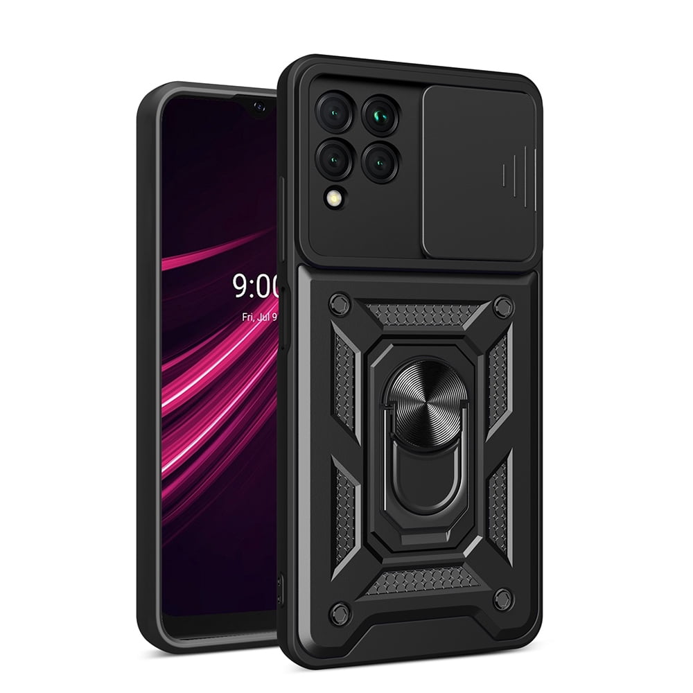 Picture of Dream Wireless TCAREV6P-0044-BK Rubberized Hybrid Camera Protective Case with Slide-on & Off Camera Protection Cover & Rotatable Ring Stand for T-Mobile Revvl 6 Pro 5G - Black