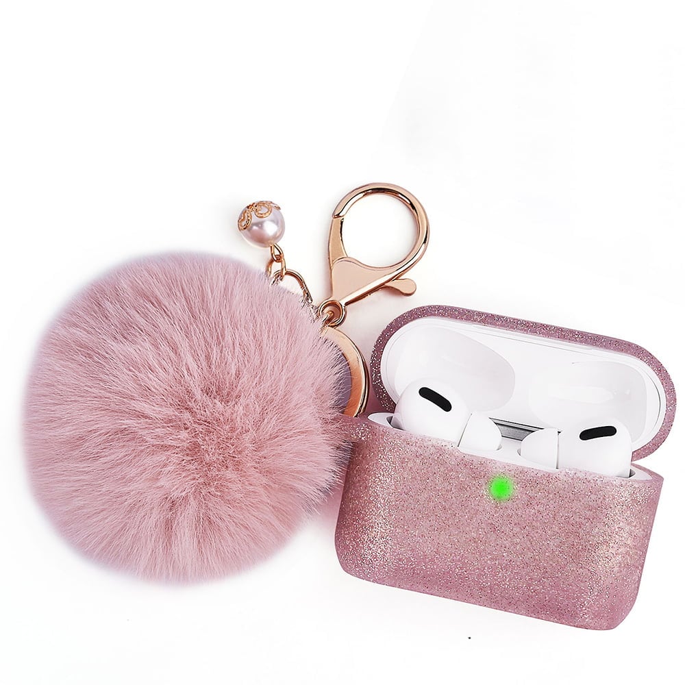 Furbulous Collection 3-in-1 Thick Silicone TPU Case with Fur Ball Ornament Key Chain & Strap for Airpods Pro 2 2022 - Rose Gold Glitter -  Dream Wireless, CAAPR2-FURB-RG