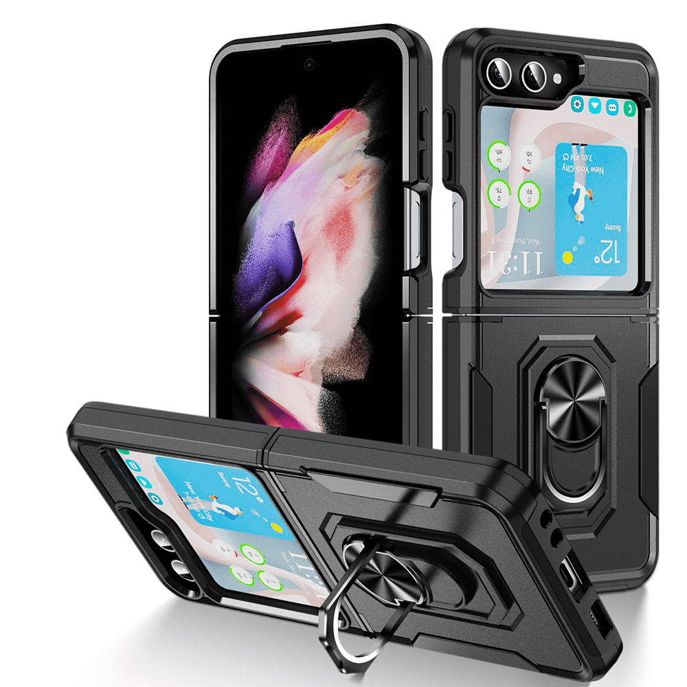 Picture of Dream Wireless TCASAMZFP5-0063-BK Rubberized Hybrid Protective Case with Shock Absorption & Built In Rotatable Ring Stand for Samsung Galaxy Z Flip 5 - Black