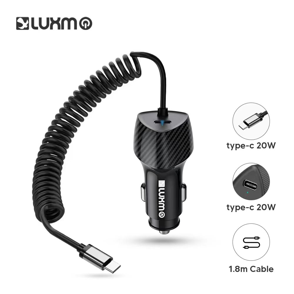 Picture of Dream Wireless CCTYPC-PDQC-BK 40 watt Luxmo Dual USB Type-C Fast Charging Car Charger with Long Coiled Cable - Black