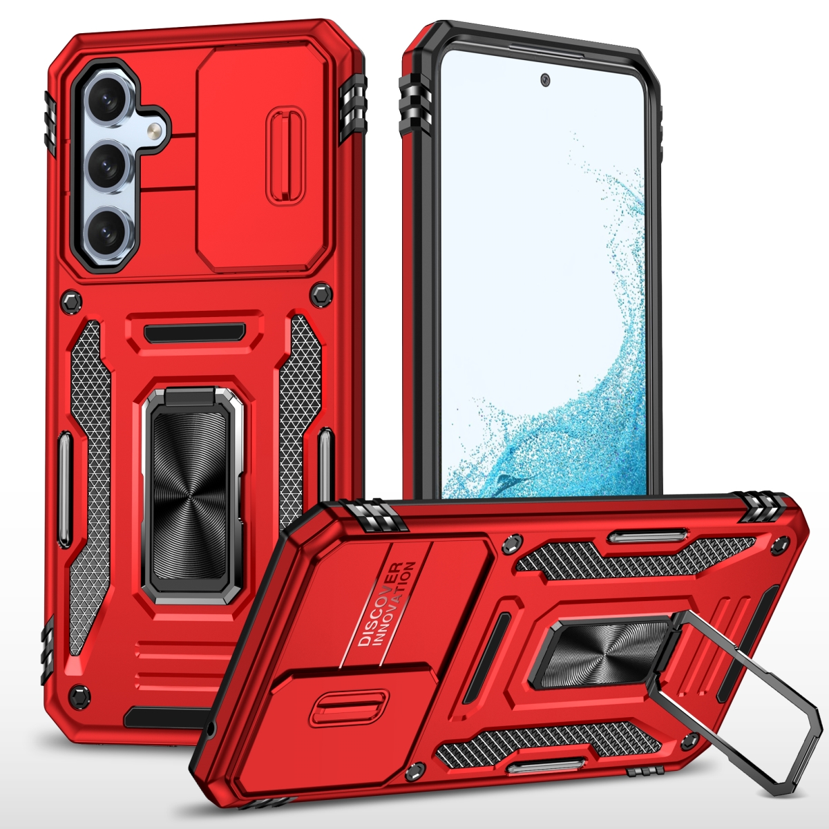 Picture of Dream Wireless TCASAMS24L-0046-RD Triumph Rubberized Hybrid Camera Protective Case with Slide-On & Off Camera Protection Cover & Rotatable Ring Stand for Samsung Galaxy S24 Plus - Red
