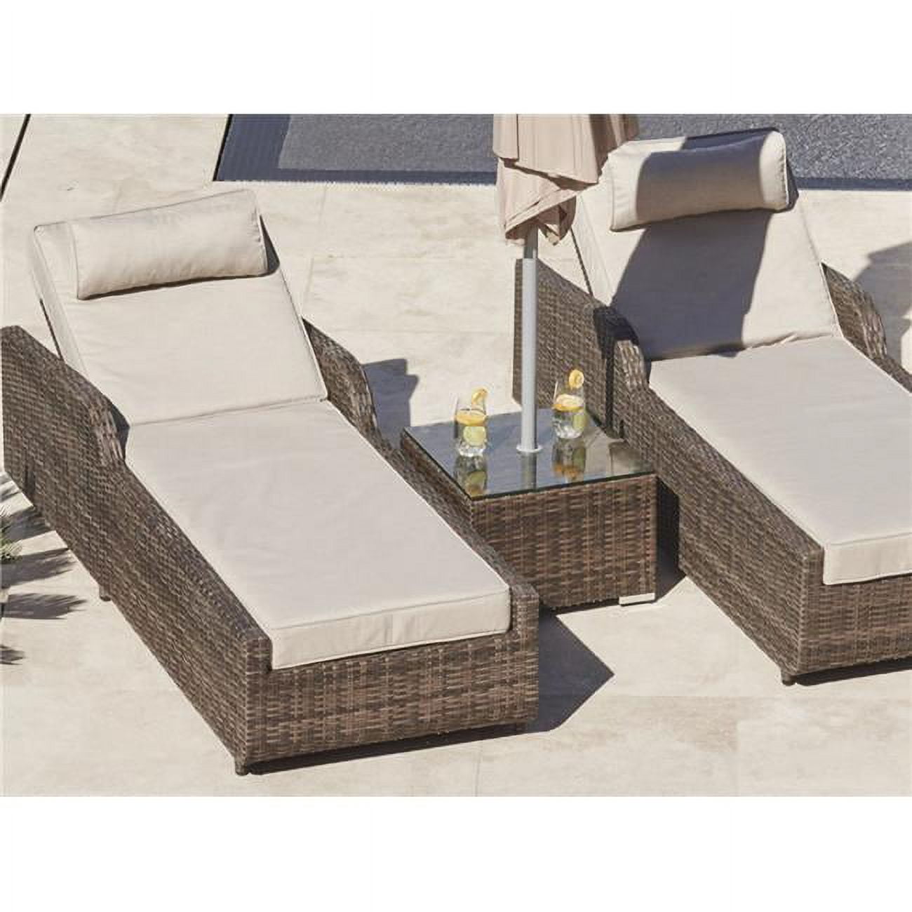 Picture of Direct Wicker PAL-1127-Brown 3 Piece Outdoor PE Rattan Adjustable Wicker Patio Chaise Lounge Set with Cushion & Table&#44; Brown - 4 in.