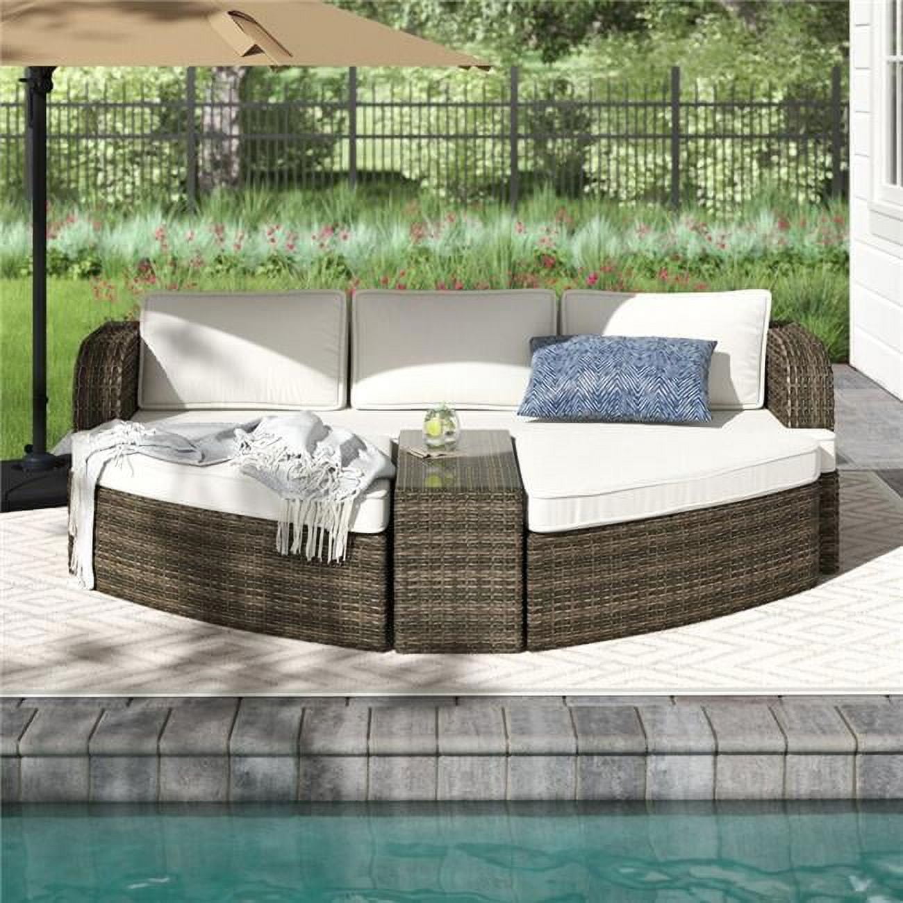 Patio & Garden Daybed with Coffee Table, Brown with Beige Cushion -  KD Marco de la cama, KD2566974