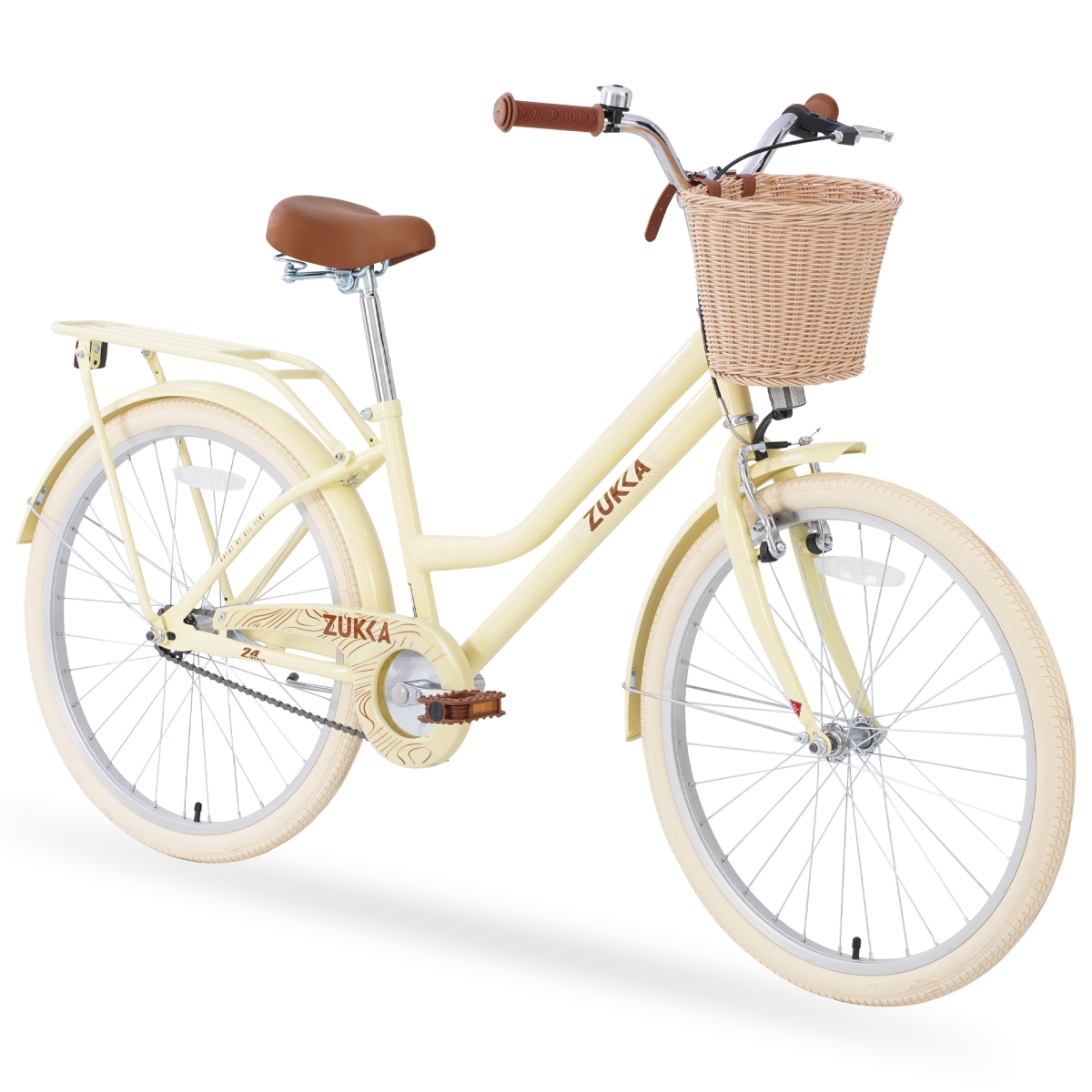 UBS-W1019P179156 Yellow Beach Cruiser Bike 24 inch Women's Comfort Bike with Basket & Rack White, Ages 10+ Years -  Direct Wicker