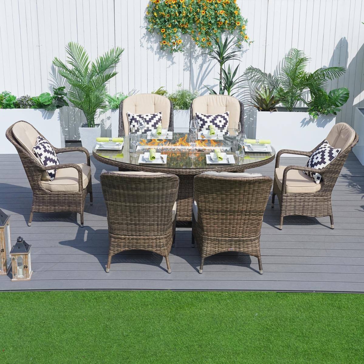 PAG-1106O-BR 7-Piece Wicker Outdoor Patio Oval Fire Pit Table Dining Set, Brown