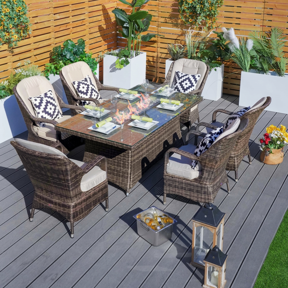 PAG-1106R-BR Deluxe Patio 7-Piece Wicker Rectangular Fire Pit Dining Table Set