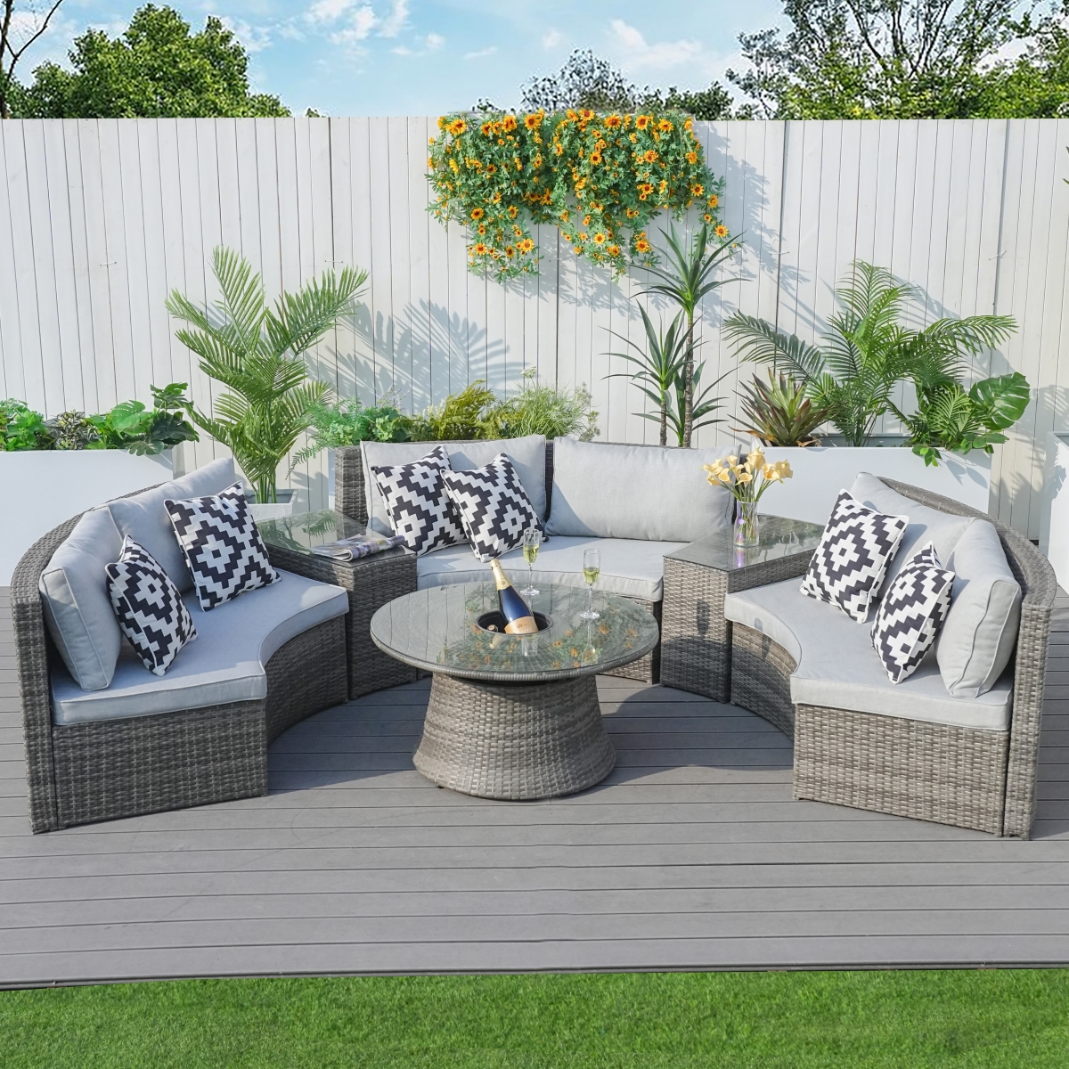 PAS-1205B-GR 6-Piece Patio Gray Wicker Sectional Sofa Set with Cushions