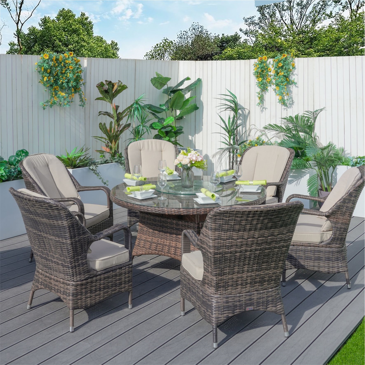 Elegant Brown Aluminum Round Dining Set with 6 Chairs - Outdoor - Durable Design