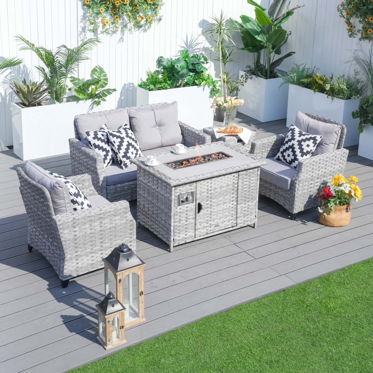 PAF-1801-GR Patio Outdoor 5 Piece Wicker Gas Fire Table with Cushions Sofa Set
