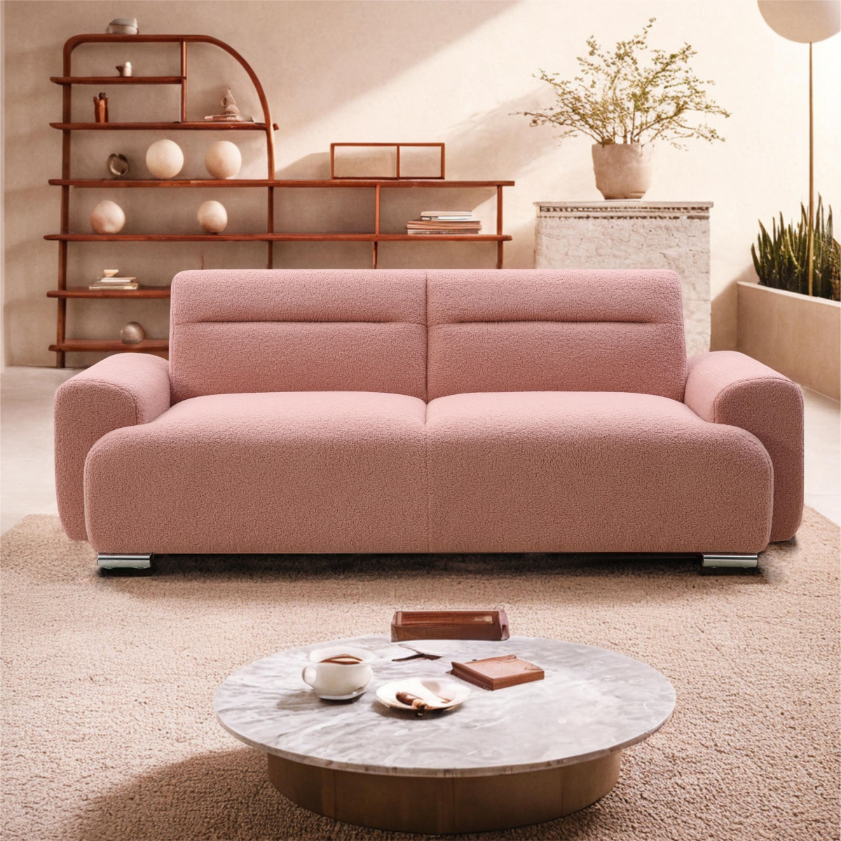 PAS-241279TS-PI-XY Convertible Cozy Teddy Fabric 3-Seater Sofa Bed with Metal Feet