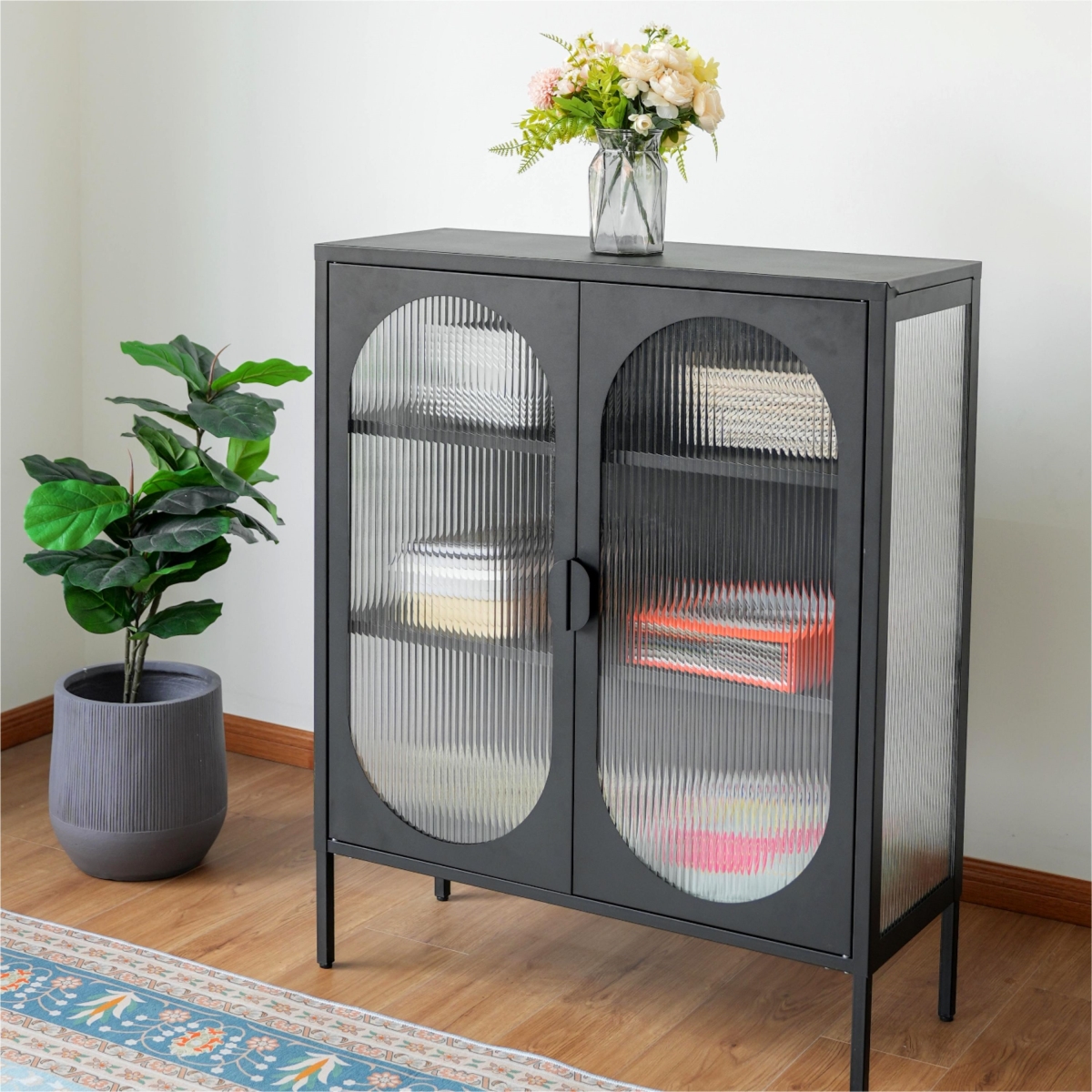 DW-DC06-BK-GD Chic Metal & Ribbed Glass Storage Cabinet with Arched Doors