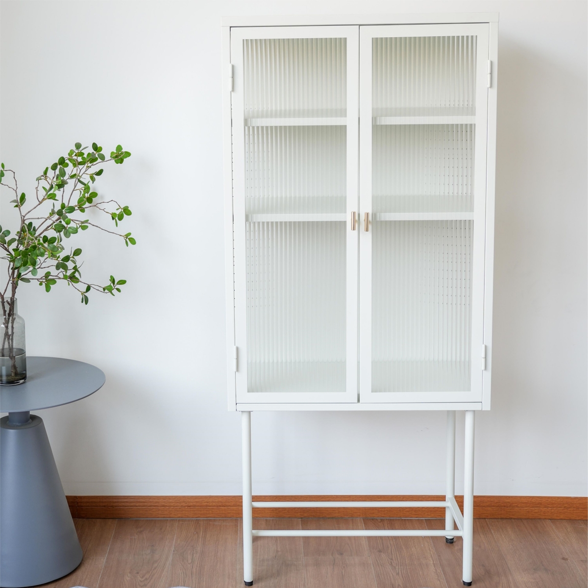 DW-DC55-WH-GD Modern Solid Color Matte Glass Storage Cabinet with Adjustable Shelves, White