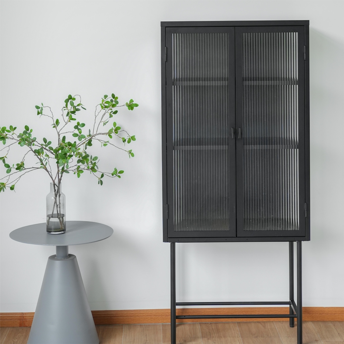 DW-DC55-BK-GD Modern Solid Color Matte Glass Storage Cabinet with Adjustable Shelves, Black