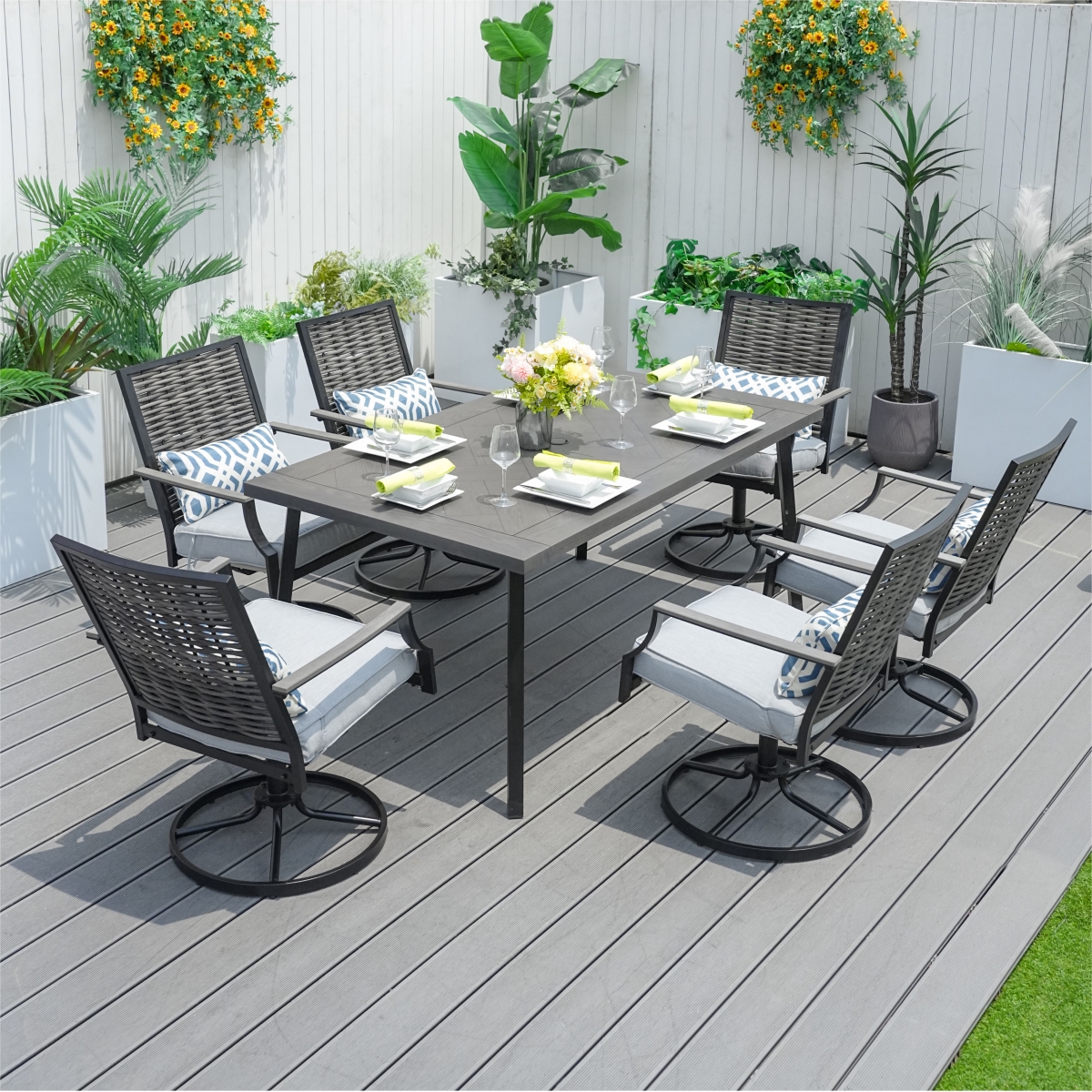 PAD-1709-BR Brown Wicker Aluminum Round Dining Set with 4 Cushioned Seats