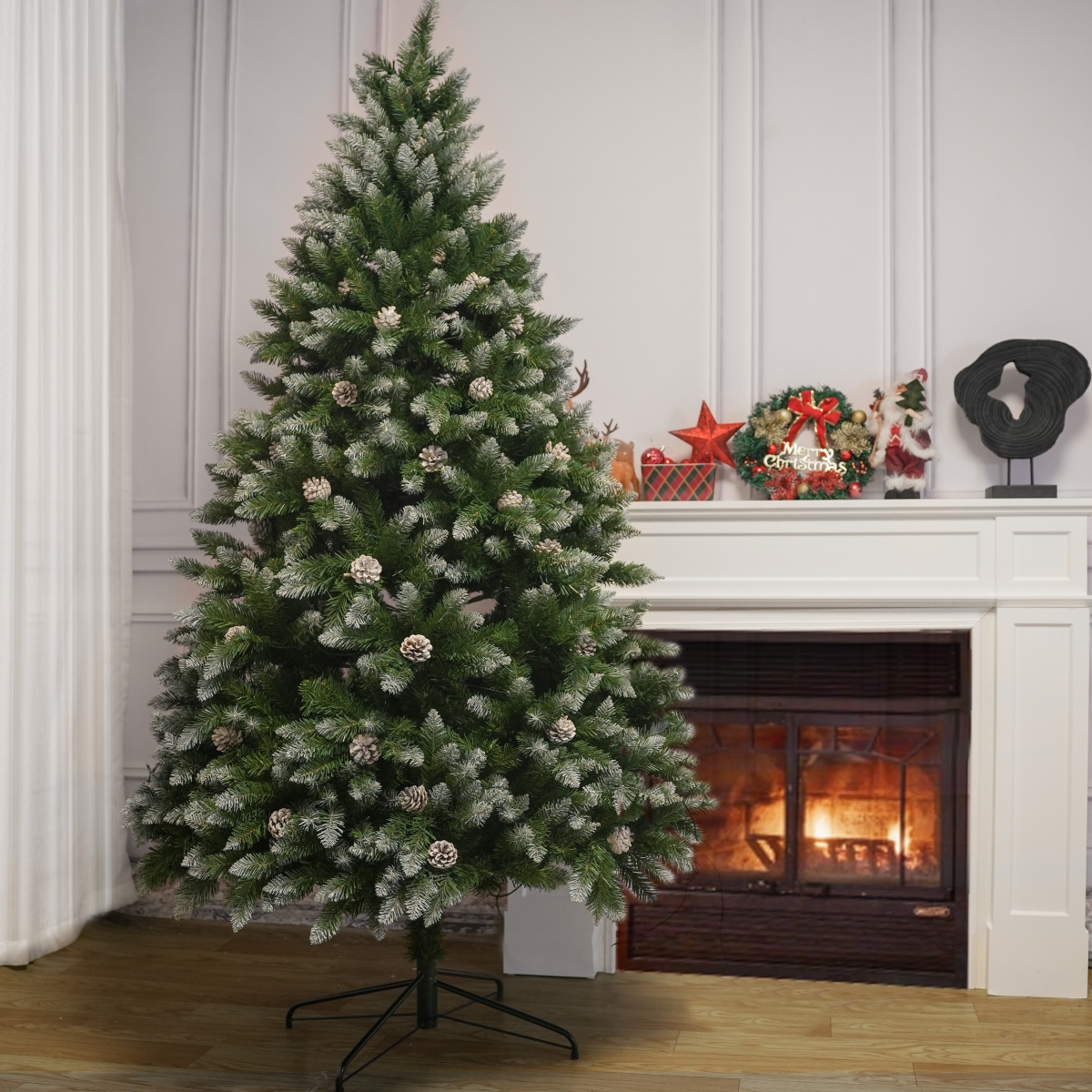 PAT-001-6FT-YJ 6FT PVC Christmas Tree, 883 Snow-Covered Branches Tips with Pinecones, Environmentally Friendly Artificial