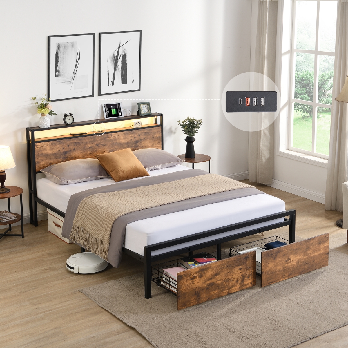 DJ-W1916126252 Full Size Bed Frame with LED Lighting, Charging, Storage Headboard and Drawers