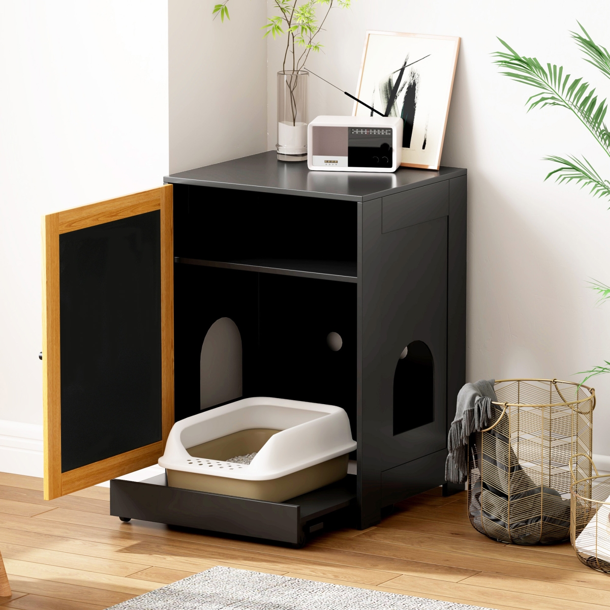 Picture of Direct Wicker DJ-W1687P181553 Pull-Out Cat Litter Box Enclosure & End Table Cabinet with Sisal Scratching Door