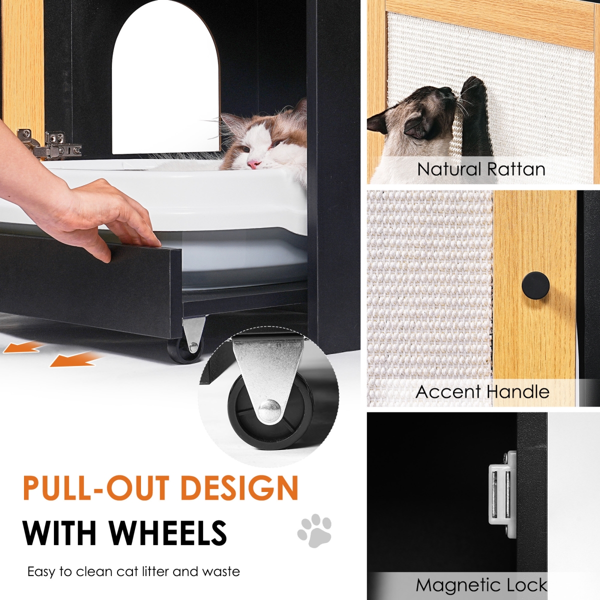 Picture of Direct Wicker DJ-W1687P181553 Pull-Out Cat Litter Box Enclosure & End Table Cabinet with Sisal Scratching Door