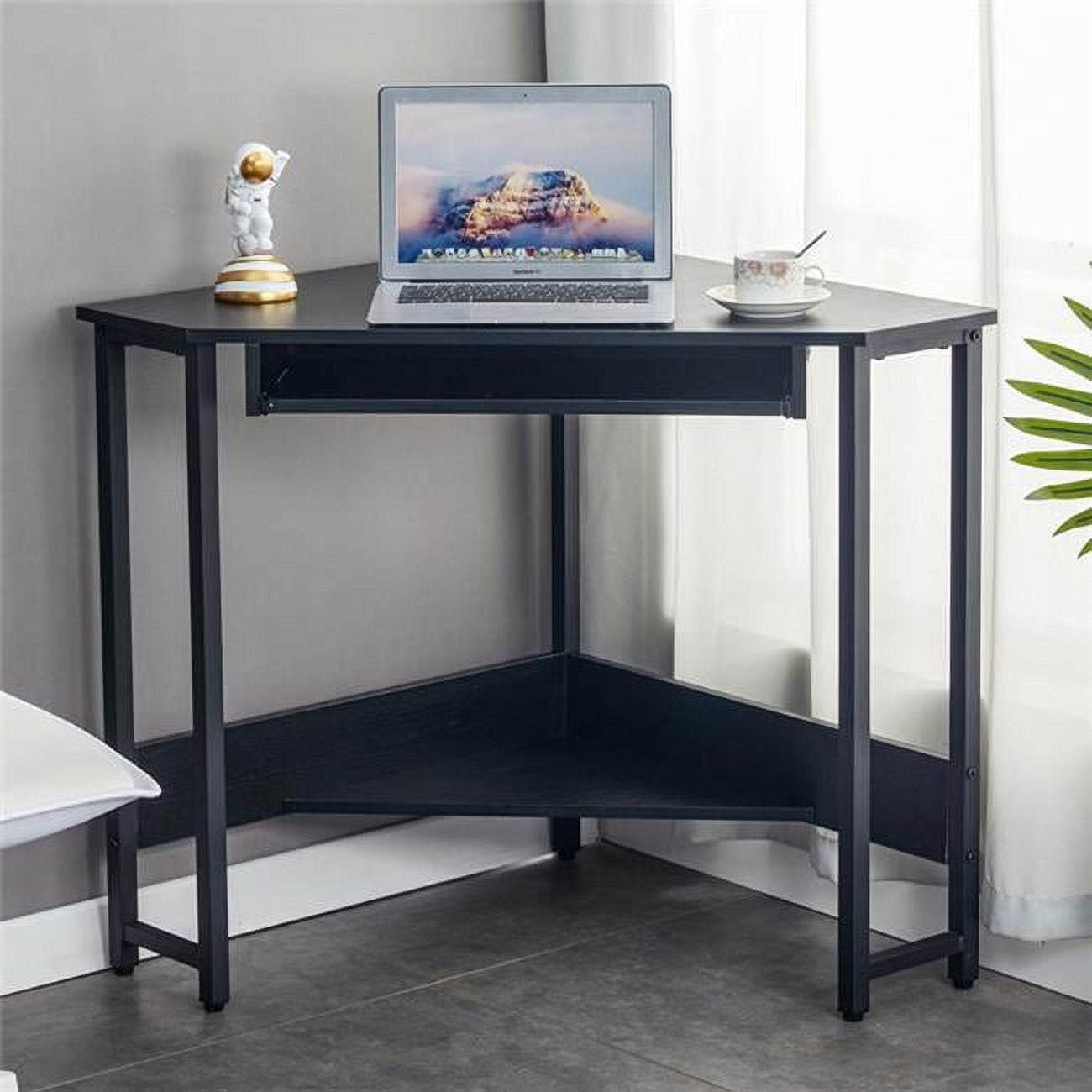 Picture of Direct Wicker UBS-W37031250 Triangle Computer Desk, Corner Desk With Smooth Keyboard Tray and Storage Shelves, Compact Home Office (Black)