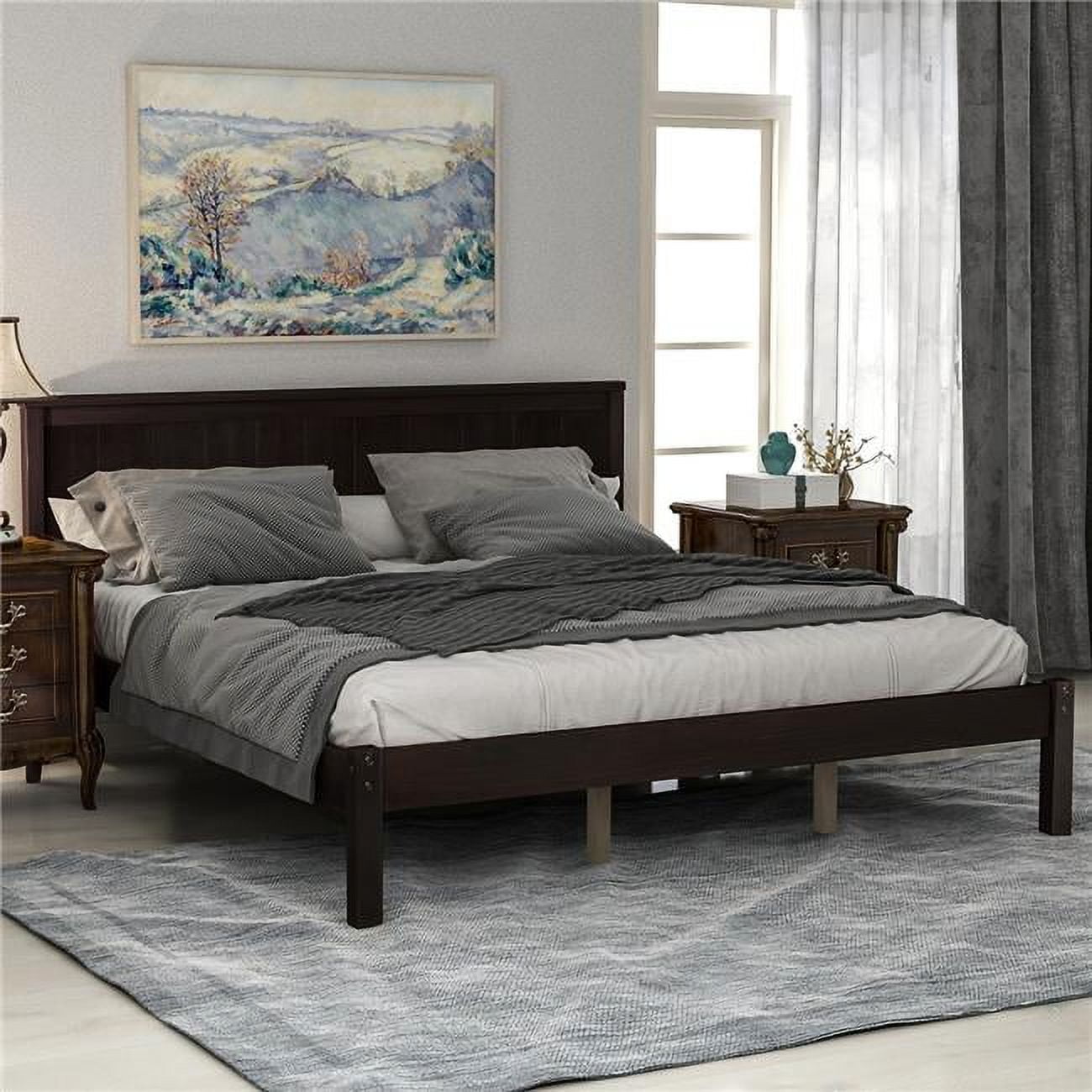 Espresso Platform Bed Frame with Headboard, Wood Slat Support, No Box Spring Needed (Queen)