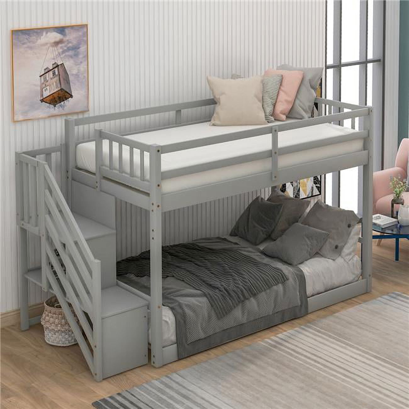 Twin over Twin Floor Bunk Bed Frame, Ladder with Storage (Grey)