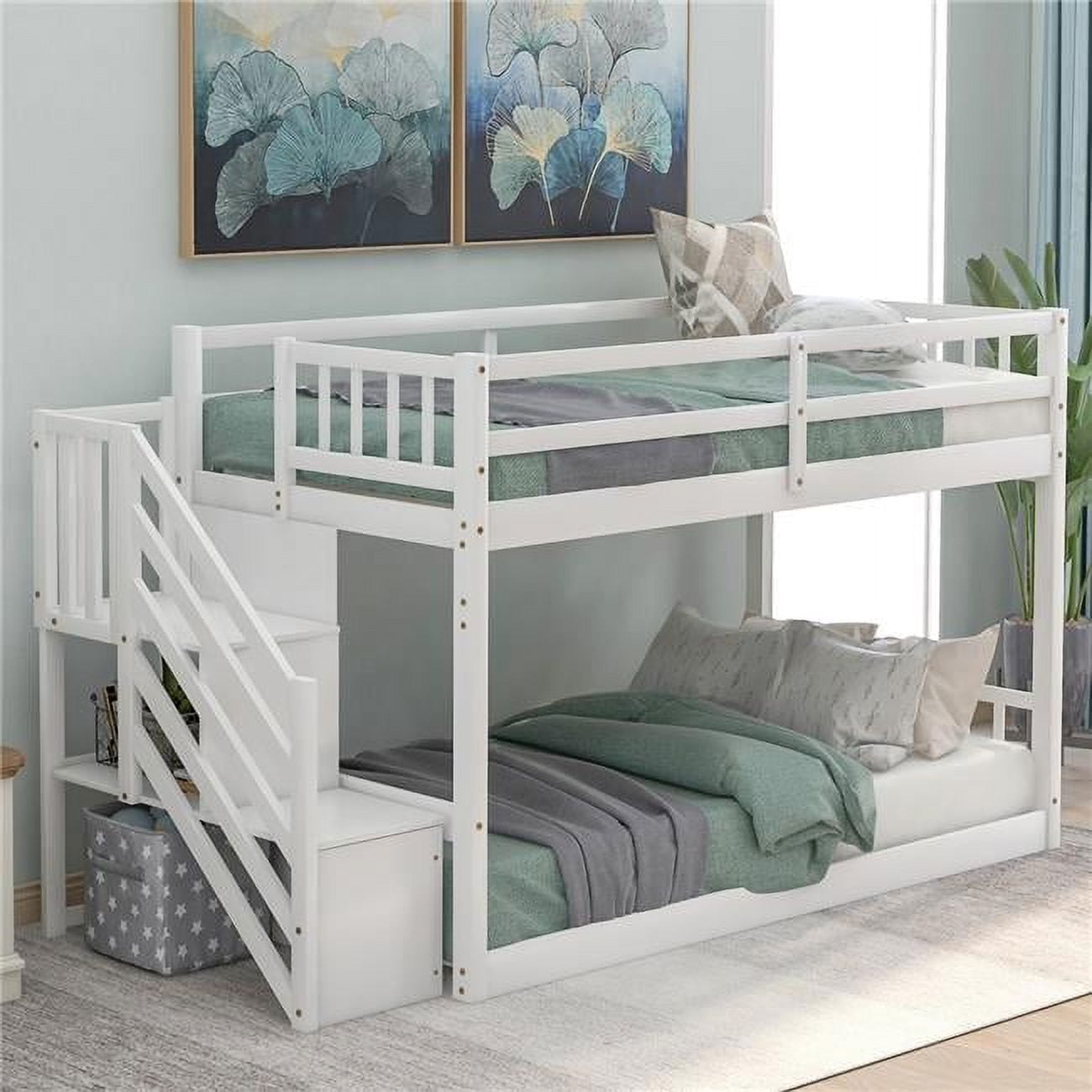 Twin over Twin Floor Bunk Bed Frame, Ladder with Storage (White)