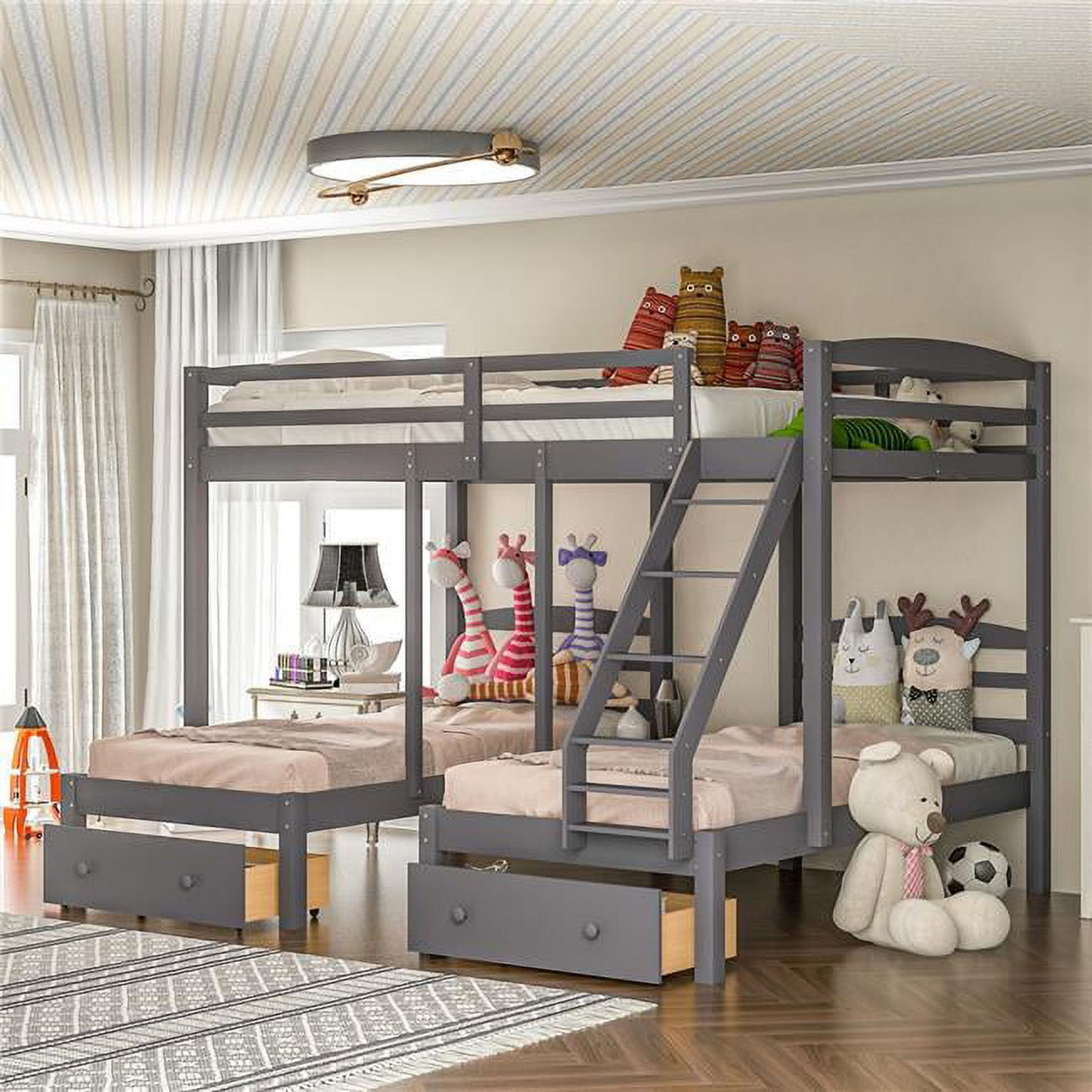 Full Over Twin and Twin Bunk Bed, Triple Bunk Bed Frame with Drawers (3 Drawers)