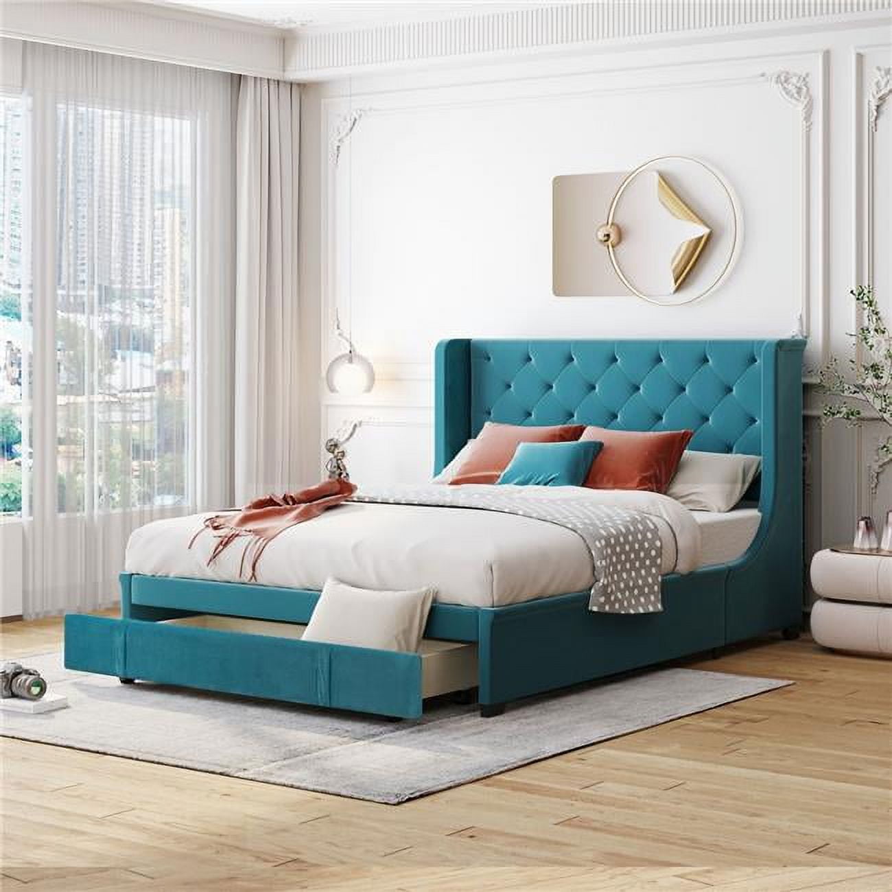 Queen Size Storage Bed Frame Velvet Upholstered Platform Bed with Wingback Headboard and a Big Drawer (Blue) -  KD Marco de la cama, KD2954008