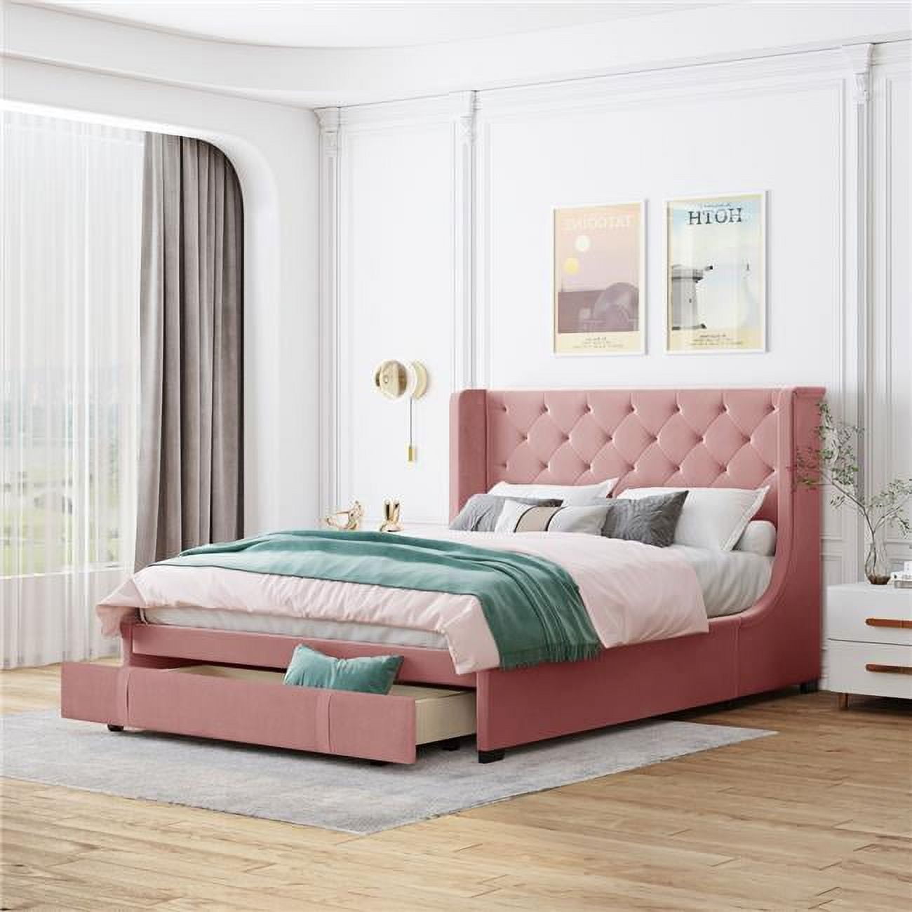 UBS-LP000814AAH Queen Size Storage Bed Frame Velvet Upholstered Platform Bed with Wingback Headboard and a Big Drawer (Pink) -  Direct Wicker